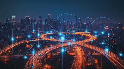 Fototapeta premium Smart digital Innovation city with connection network reciprocity over the cityscape. of future smart wireless city and social media networking systems that connects business people with in city