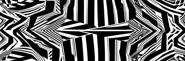 Abstract pattern, zebra stripes, optical illusion, black and white, geometric design, maze-like, symmetrical composition, high contrast, hypnotic effect, repeating lines, visual complexity, tessellati