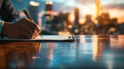Close-up of a politician's hand signing a document on a wooden desk, with a blurred flag and cityscape in the background, symbolizing a political career and decision-making. Shot with a 50mm f/2.0 len