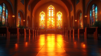 Sunlit church interior with stained glass window and pews.
