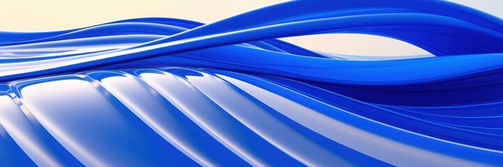 Abstract waves, flowing curves, blue and gold gradient, smooth texture, dynamic composition, digital art, minimalist design, futuristic aesthetic, glossy surface, 3D rendering, fluid motion, panoramic