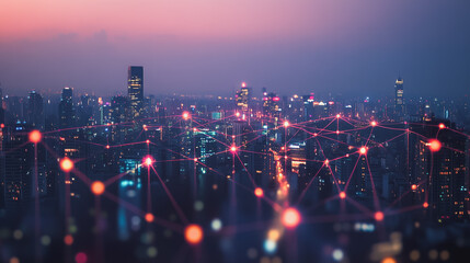 Fototapeta premium Smart digital Innovation city with connection network reciprocity over the cityscape. of future smart wireless city and social media networking systems that connects business people with in city