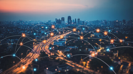 Fototapeta premium Smart digital Innovation city with connection network reciprocity over the cityscape. of future smart wireless city and social media networking systems that connects business people with in city