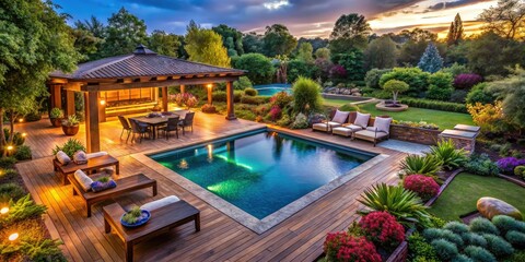 Drone footage showcases a breathtaking poolside paradise: luxurious deck, pergola, and immaculate pool design.