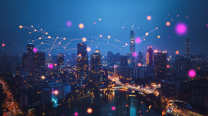 Fototapeta premium Smart digital Innovation city with connection network reciprocity over the cityscape. of future smart wireless city and social media networking systems that connects business people with in city