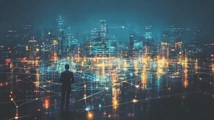 Fototapeta premium Smart digital Innovation city with connection network reciprocity over the cityscape. of future smart wireless city and social media networking systems that connects business people with in city