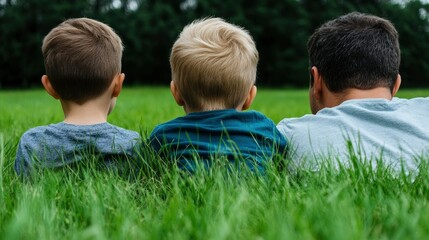 Fototapeta premium Three Generations Sitting in Grass, Back View