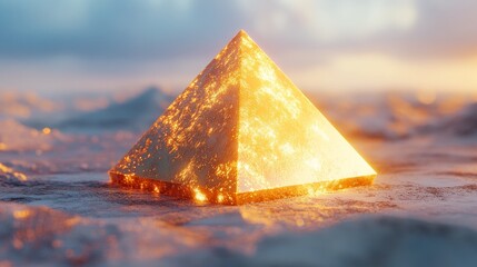 A metallic gold pyramid, glowing softly on a white background 