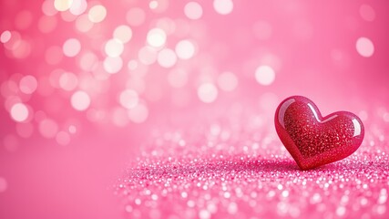 "Happy Valentine's Day" Abstract glittery pink Valentine's day background - cute 3d heart, golden lights bokeh, silver confetti. Valentine's Day celebration, love and romance backdrop. Lovecore, banne