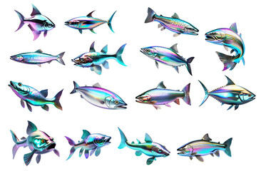 Fototapeta premium Collection of various sea fish and river fish for banners, websites and posters. 3d hologram metallic on transparent background