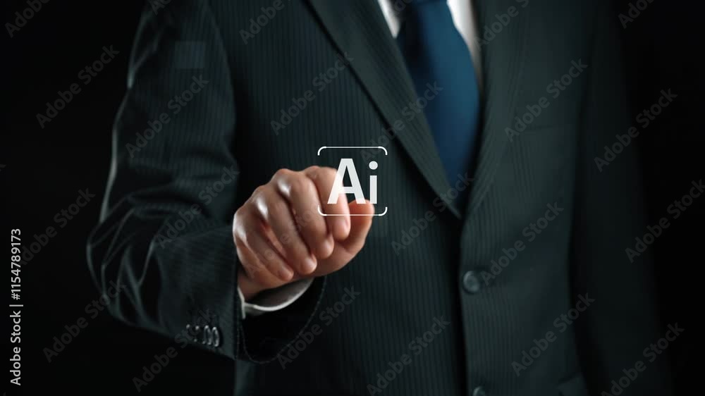 Poster human interact with ai artificial intelligence brain processor in concept of ai artificial intellige