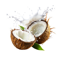 realistic broken Coconut and Creamy Milk Splash for Transparent Design Projects.