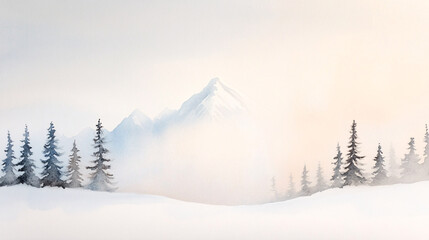 A stunning snowy watercolor of a rugged mountain peak, its slopes painted with icy whites and light grays. Snow-covered evergreens line the foreground, adding texture and contrast. The background