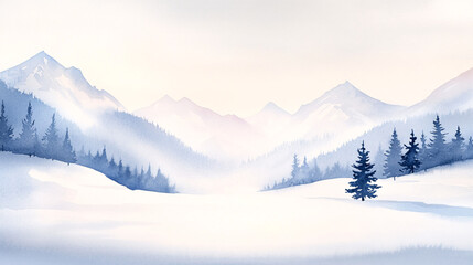 A vivid snowy watercolor painting of a remote alpine valley, framed by towering, snow-covered mountains. Small evergreens dot the snowy expanse, while the sky showcases soft whites and grays with