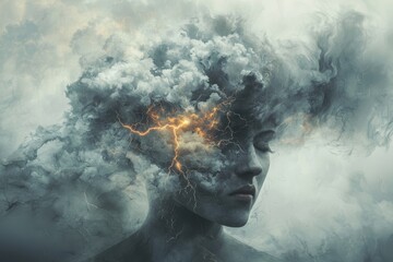 Mental Chaos Depiction: Stormy Clouds and Lightning Illustrating Anxiety Concepts for Posters