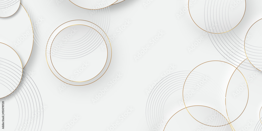 Poster Luxury elegant white background with gold ornament. Modern abstract light silver background vector. Abstract 3D circle layer white background with gold line effect for presentation design.	