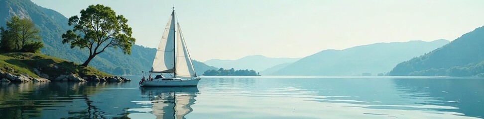 A tiny sailboat on a calm lake with a tree in the background, sailboat, sailboat on a lake