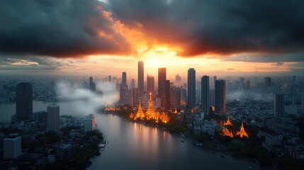 Obraz premium Panorama bangkok city at sunset in the business district area