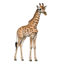 Obraz premium Giraffe standing tall with distinctive spots and long neck, isolated on black