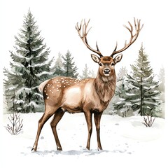 A majestic deer stands in a snowy landscape, surrounded by evergreen trees, showcasing its impressive antlers and spots on its coat.