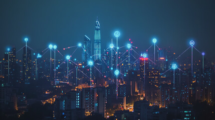 Naklejka premium Smart digital Innovation city with connection network reciprocity over the cityscape. of future smart wireless city and social media networking systems that connects business people with in city