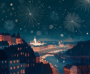 Illustration of Festive Eastern European Cityscape with Fireworks