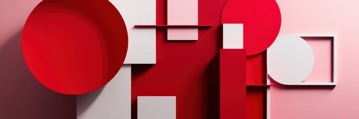 Abstract geometric composition, red and white shapes, minimalist interior design, bold contrast, circular forms, rectangular elements, architectural space, clean lines, modernist aesthetic, 3D renderi