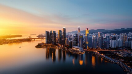 Fototapeta premium Panorama bangkok city at sunset in the business district area
