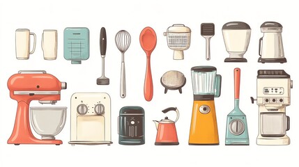 A detailed image of retro kitchen gadgets isolated on a white background.--ar 16:9