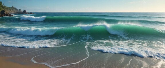 Obraz premium Calming ocean waves in shades of blue and green, gentle and soothing like a peaceful morning , green, calm, serene