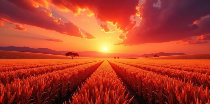 Campo de trigo en el horizonte con un cielo de marea roja, rojo, sol, cielo