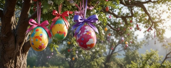 Colorful eggs with ribbons and bows hanging from a tree, eggs, colorful