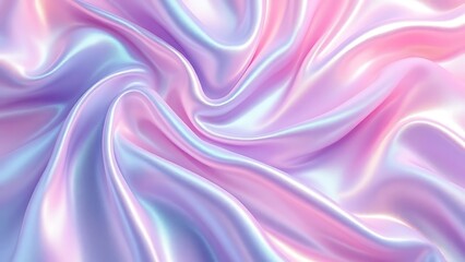Obraz premium Banner background with Glossy iridescent pastel pink, blue, purple flowing fabric waves texture. Abstract holographic gradient textile pattern. Synthwave, Vaporwave, Retrowave, retro futurism style