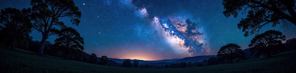 Naklejka premium Darkened landscape under starry night sky with Milky Way arch shining through branches of trees, shadow, branches, darkness