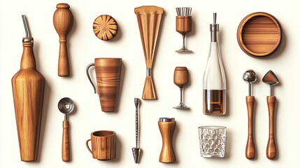 A detailed image of vintage barware sets with wooden elements isolated on a white background.--ar 16:9