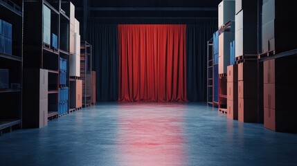 Fototapeta premium Dramatic Warehouse Interior with Red Curtain and Stacked Boxes