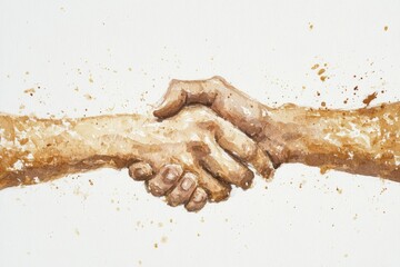 A delicate watercolor illustration of two hands clasping together in warm golden tones, surrounded by soft splashes of color to evoke kindness and care