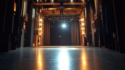 Empty Theater Stage with Dramatic Lighting and Shadows