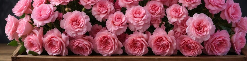 delicate pink roses and carnations in a handcrafted wooden box, natural beauty, antique look