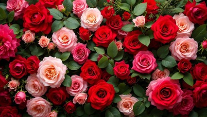 Natural fresh red roses flowers pattern wallpaper. top view, Red rose flower wall background.