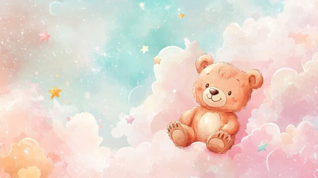 55.Whimsical watercolor design of a baby bear with a loving expression, floating joyfully amid soft clouds, with gentle pastel accents and stars creating a dreamy background; ideal for a kidâ€™s