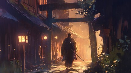 Fototapeta premium A samurai stands in an old alley, night setting.
