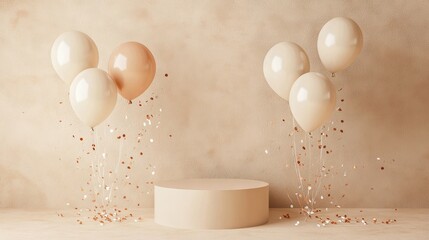 42.Minimalist birthday celebration poster with a clean beige podium, surrounded by balloons and delicate confetti on a beige backdrop; the neutral tones create an elegant, understated birthday or