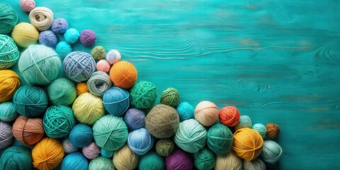 A vibrant collection of colorful yarn balls arranged on a teal wooden surface, perfect for crafting projects