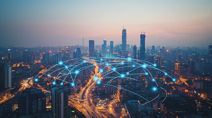 Smart digital Innovation city with connection network reciprocity over the cityscape. of future smart wireless city and social media networking systems that connects business people with in city