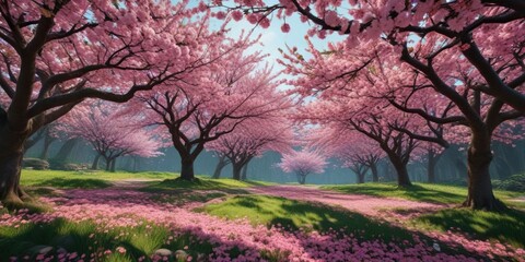 Obraz premium dramatic shot of cherry blossom trees in bloom with vibrant pink flowers and lush green foliage, cherry blossom fields, floral landscapes, nature's wonder