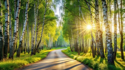 Obraz premium Sunlit Asphalted Road Winding Through a Birch Tree Grove at Dawn