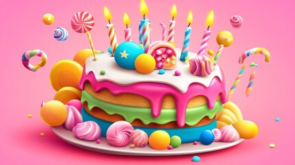 Obraz premium 71.Happy Birthday greeting design featuring 3D vector cake with colorful icing and candles, accompanied by bold, playful typography; a bright and cheerful layout perfect for banners, posters, or