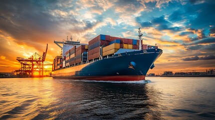 Cargo ship at sunset. Global trade and logistics concept.
