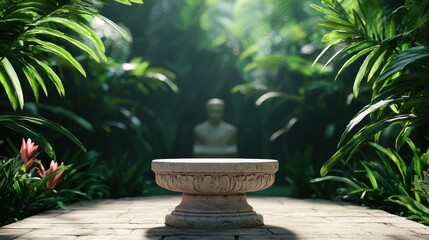 Serene Garden with Stone Pedestal Surrounded by Lush Foliage